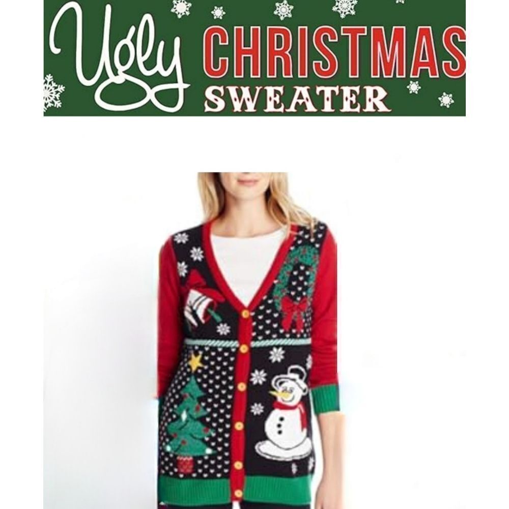 Ugly Christmas Sweater Snowman Tree Bells Wreath Cardigan Size Small